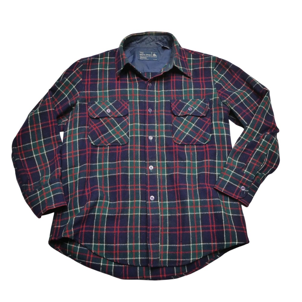 Vintage JCPenney The Men's Shop Shirt Mens M Plaid Wool Lined Navy‎ Green 80s